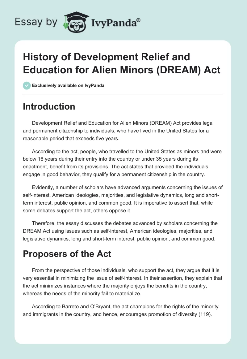 History of Development Relief and Education for Alien Minors (DREAM) Act. Page 1
