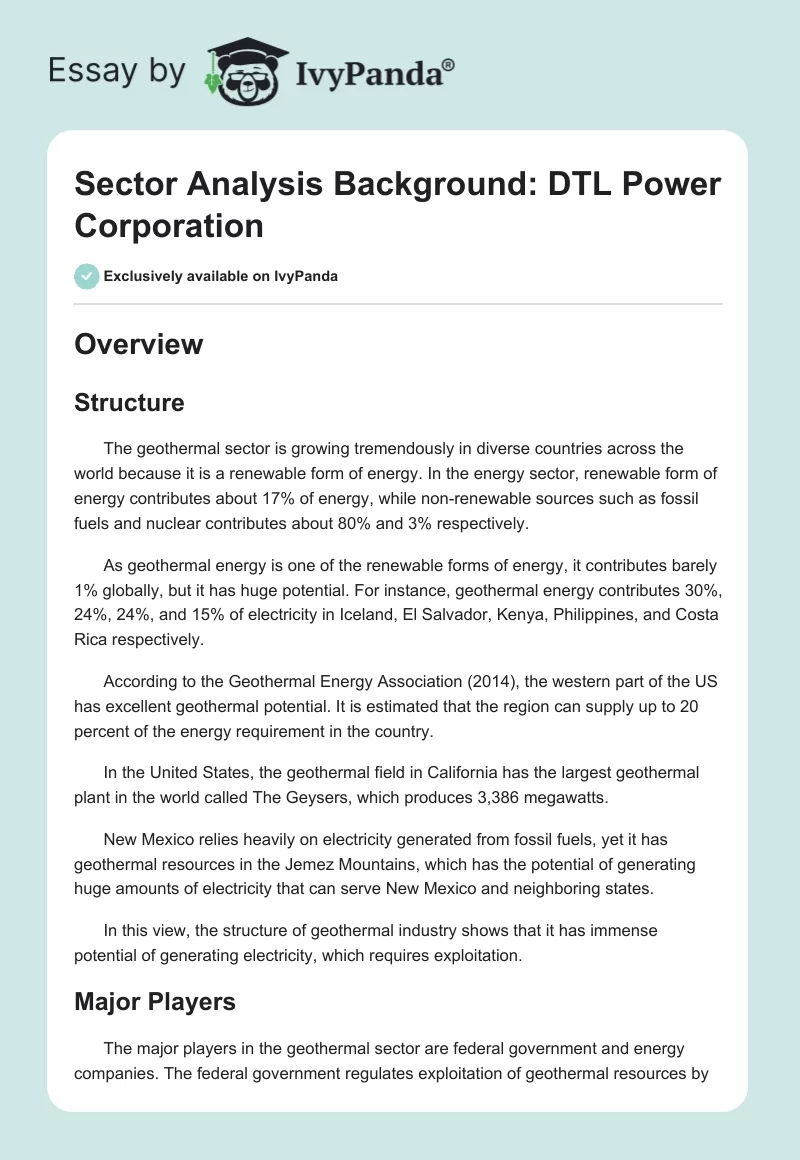 Sector Analysis Background: DTL Power Corporation. Page 1