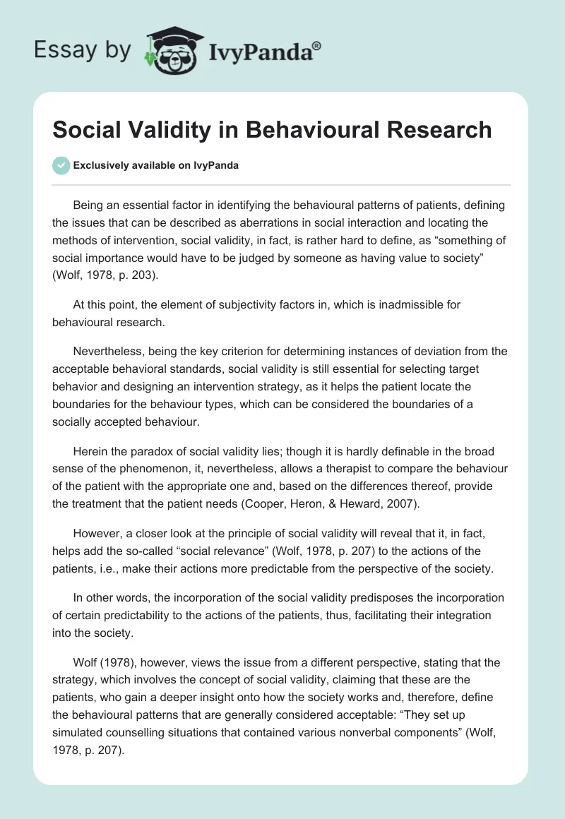 Social Validity in Behavioural Research. Page 1