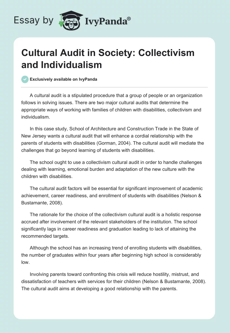 Cultural Audit in Society: Collectivism and Individualism. Page 1