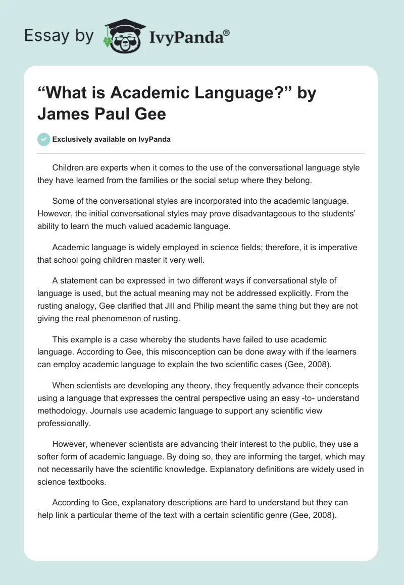 “What is Academic Language?” by James Paul Gee. Page 1