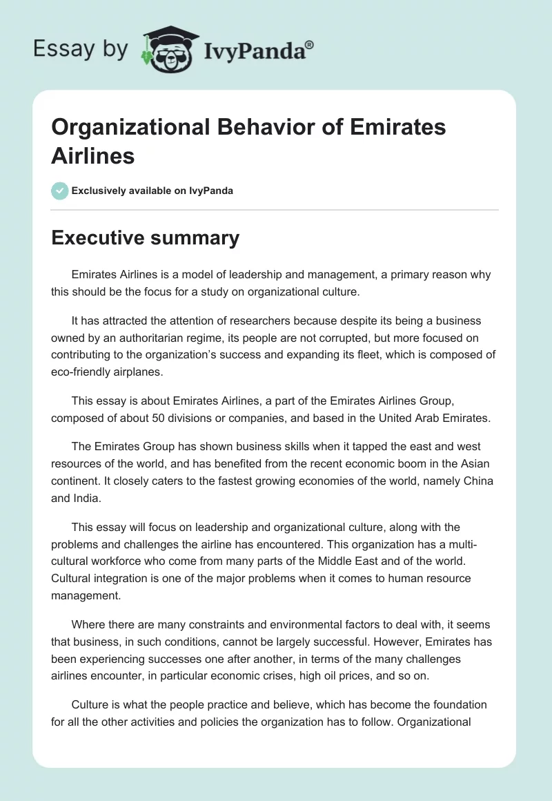 Organizational Behavior of Emirates Airlines. Page 1