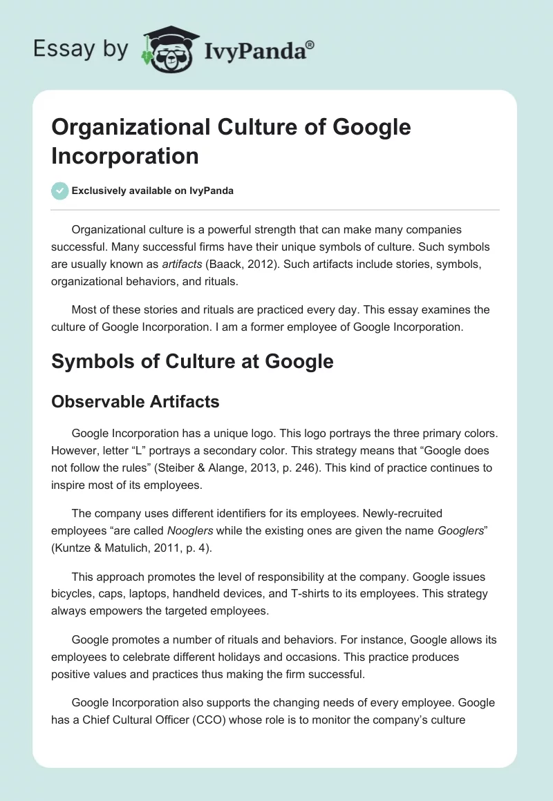 Organizational Culture of Google Incorporation. Page 1