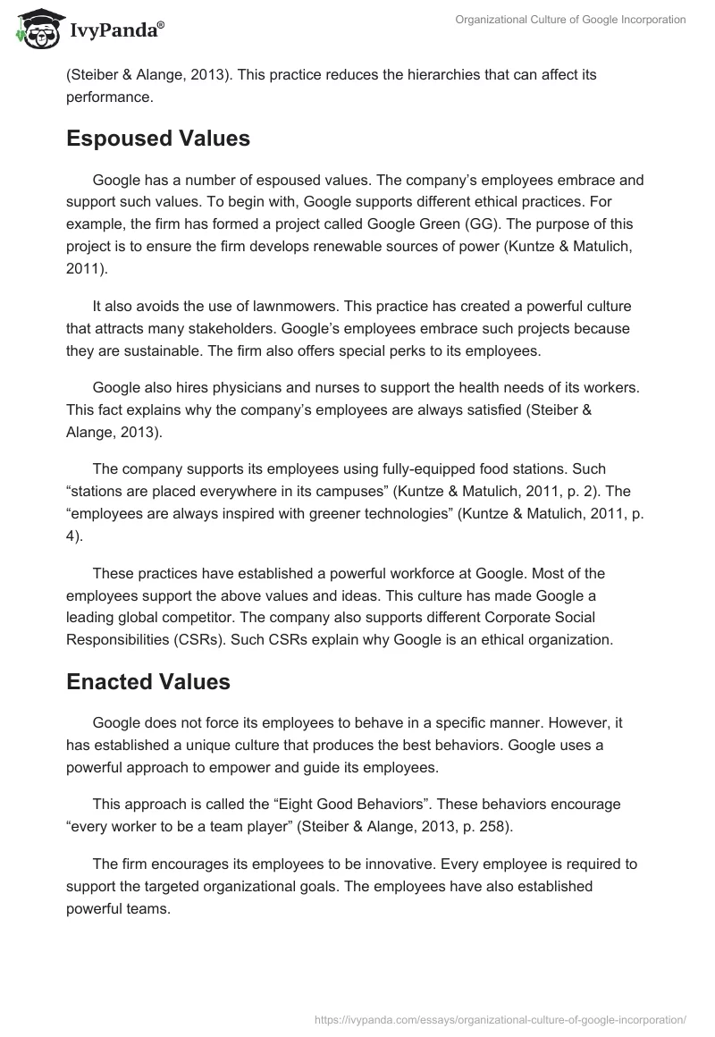 Organizational Culture of Google Incorporation. Page 2