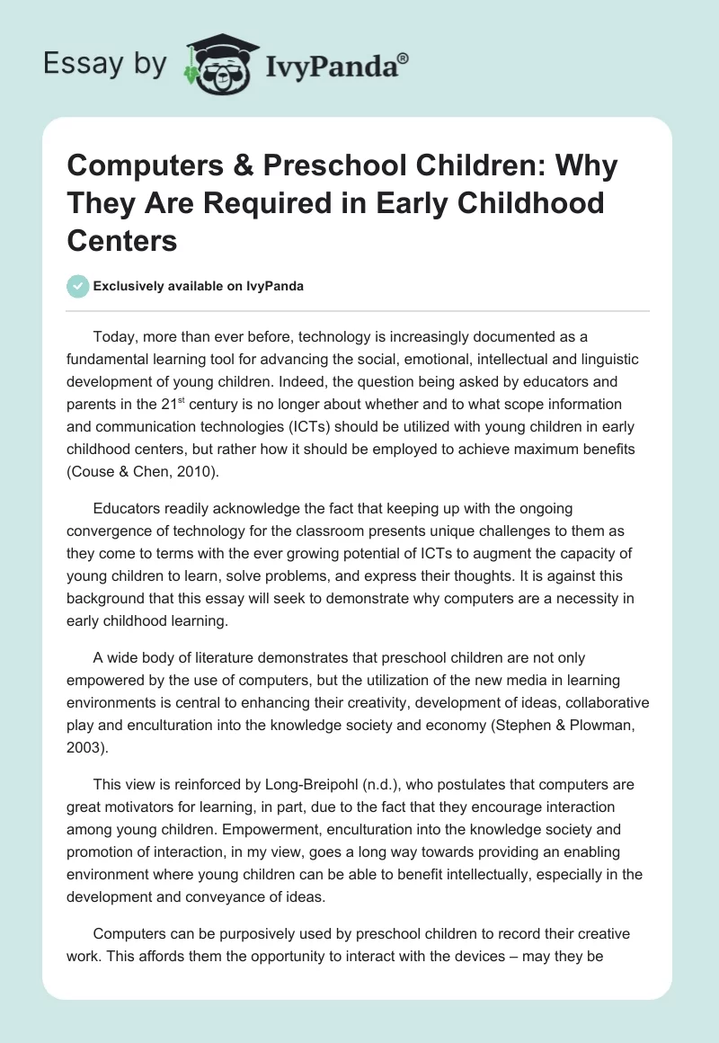Computers & Preschool Children: Why They Are Required in Early Childhood Centers. Page 1