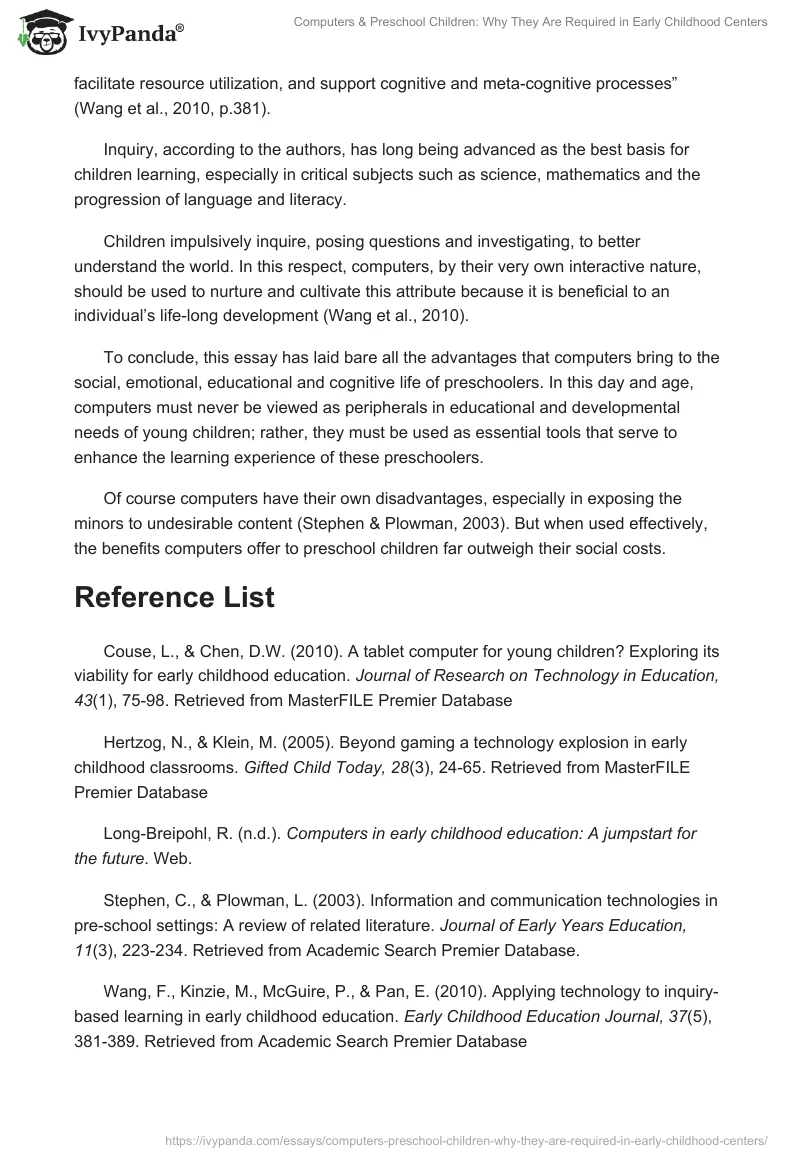 Computers & Preschool Children: Why They Are Required in Early Childhood Centers. Page 4