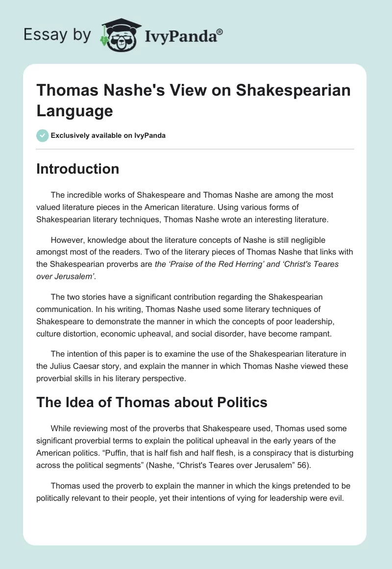 Thomas Nashe's View on Shakespearian Language. Page 1