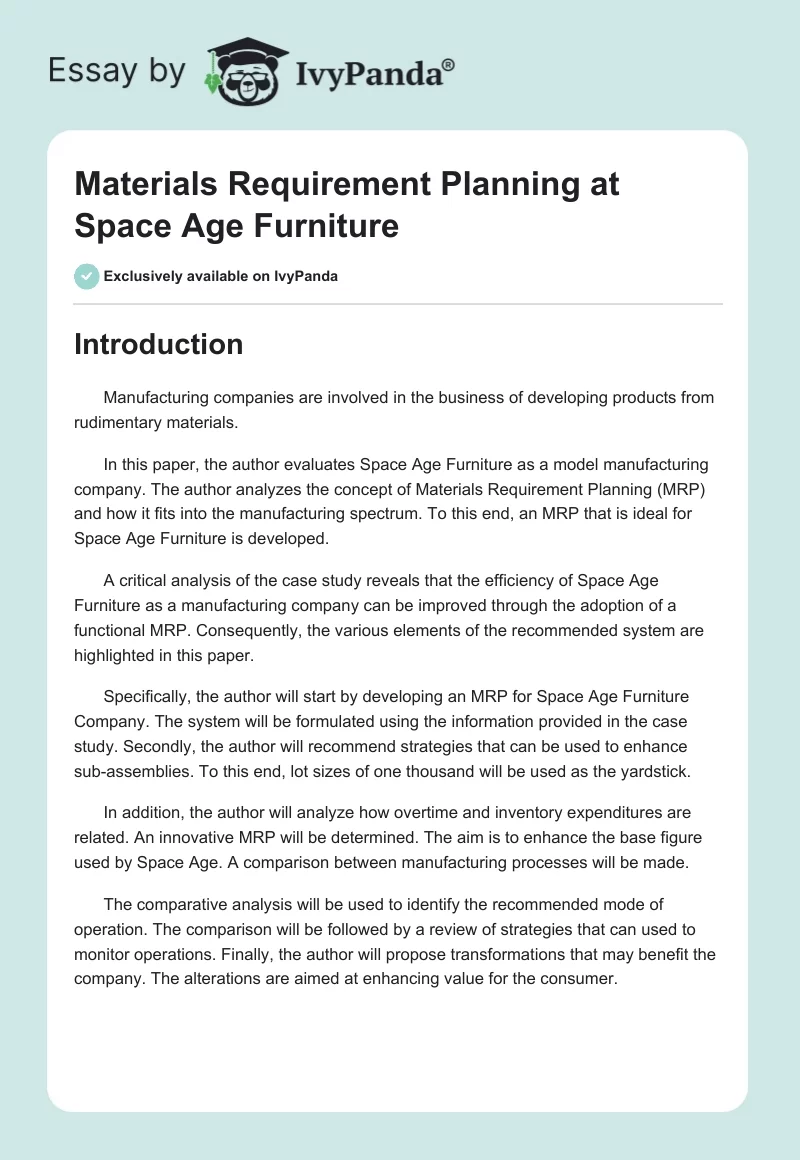 Materials Requirement Planning at Space Age Furniture. Page 1