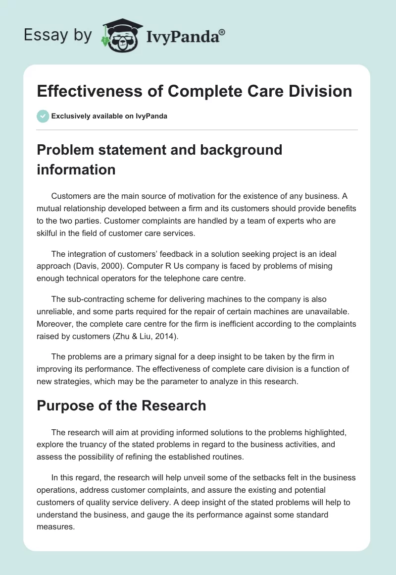 Effectiveness of Complete Care Division. Page 1