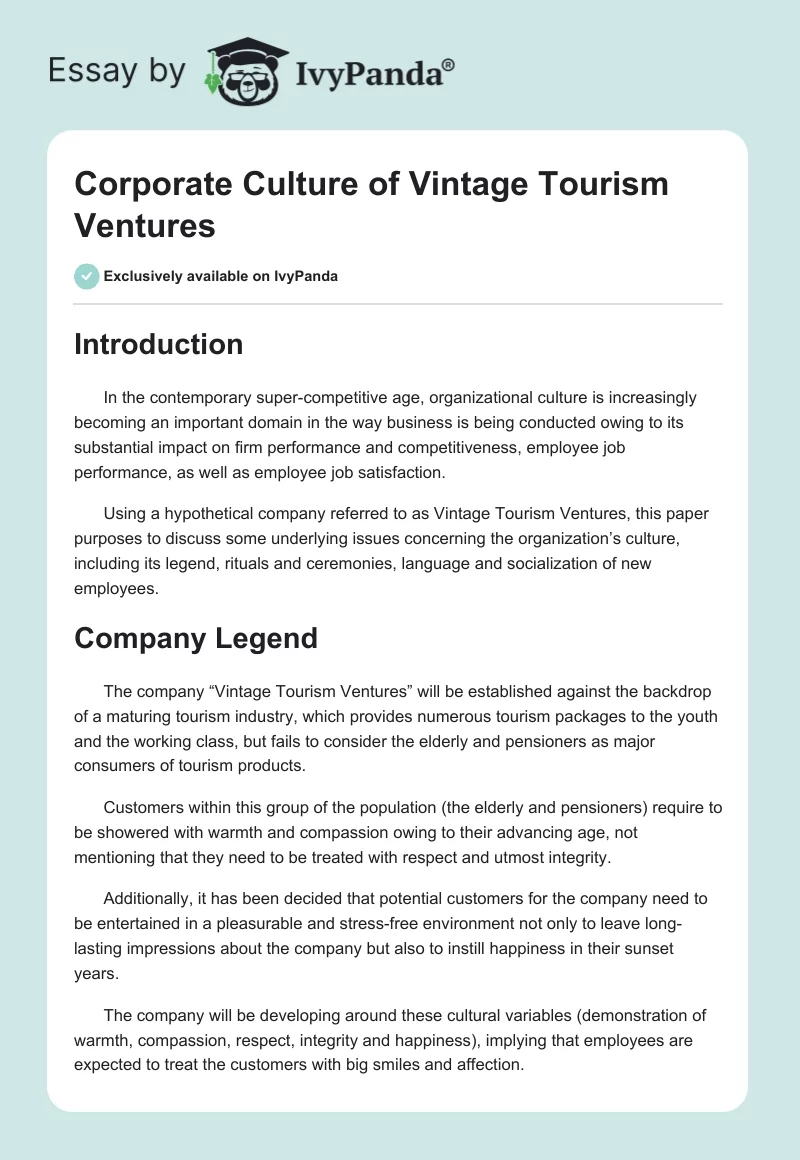Corporate Culture of Vintage Tourism Ventures. Page 1