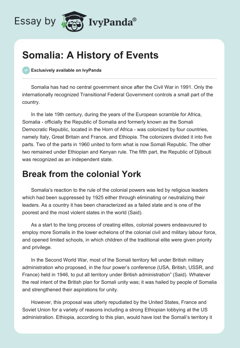 Somalia: A History of Events. Page 1
