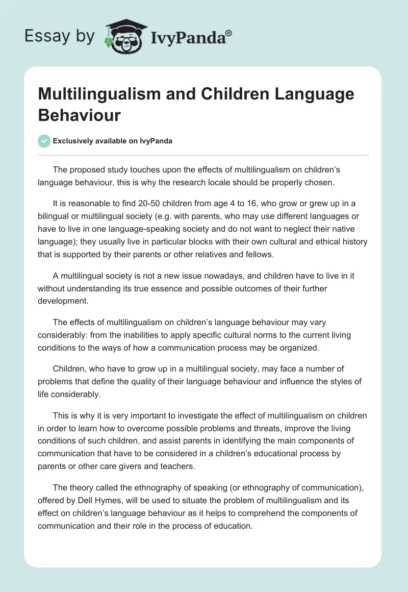 Multilingualism and Children Language Behaviour. Page 1
