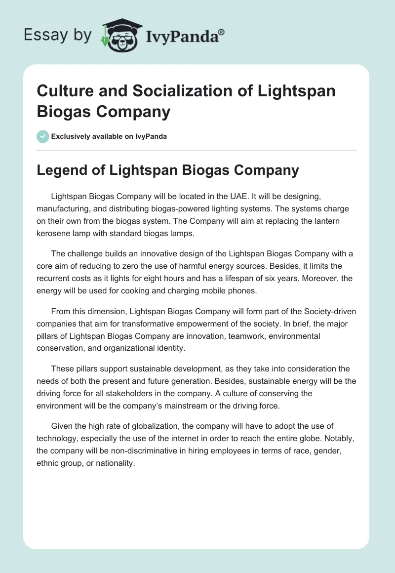 Culture and Socialization of Lightspan Biogas Company. Page 1