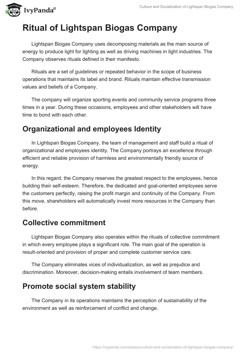 Culture and Socialization of Lightspan Biogas Company. Page 2
