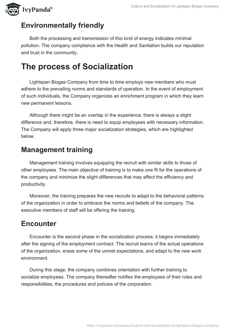 Culture and Socialization of Lightspan Biogas Company. Page 4