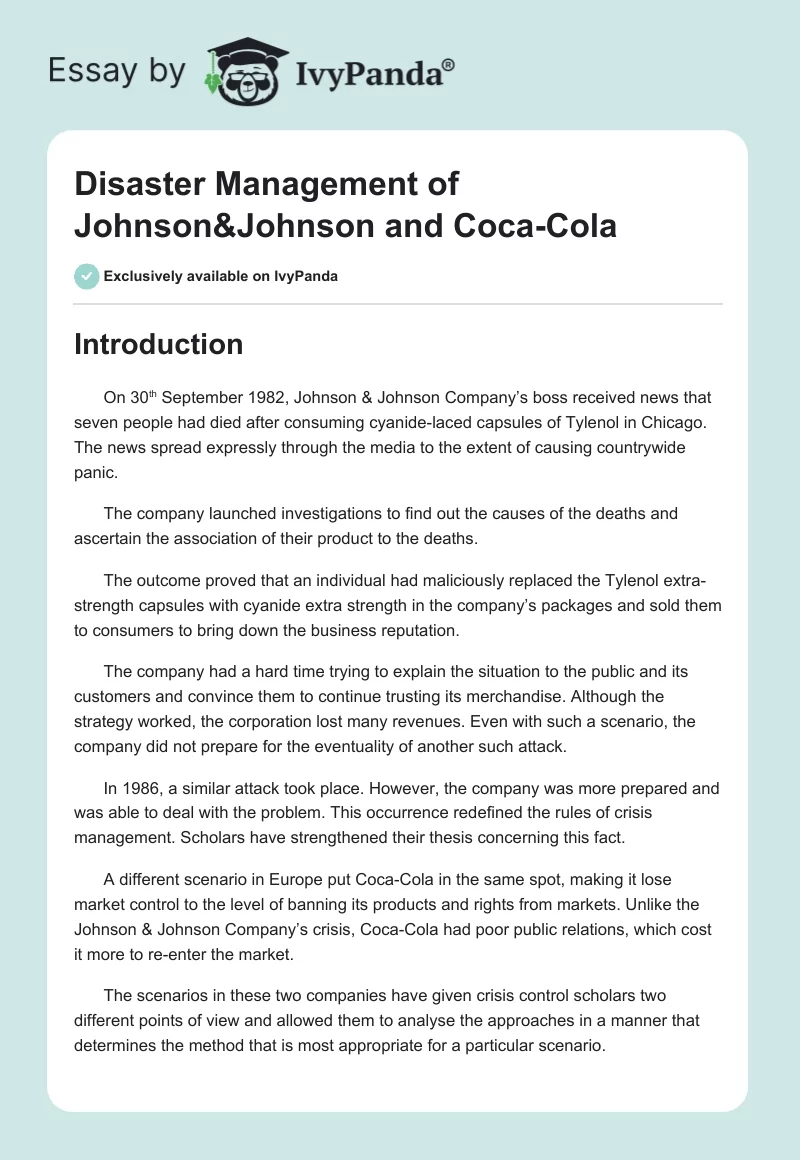 Disaster Management of Johnson&Johnson and Coca-Cola. Page 1