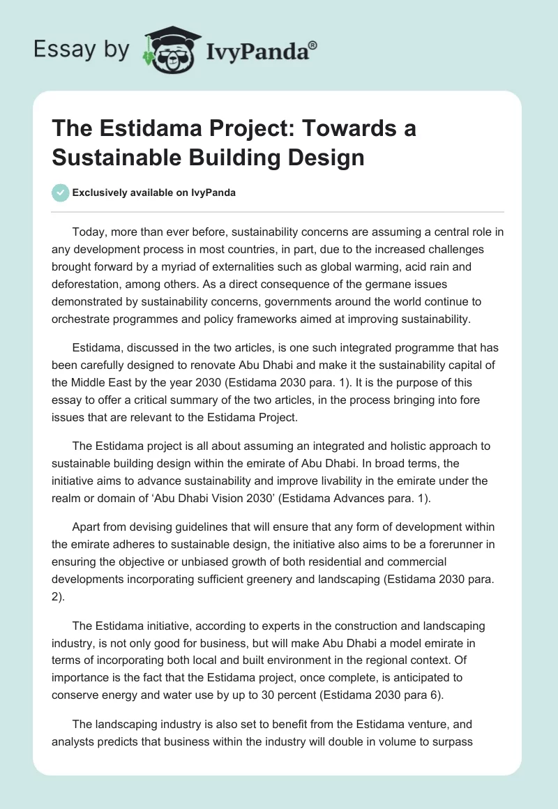 The Estidama Project: Towards a Sustainable Building Design. Page 1