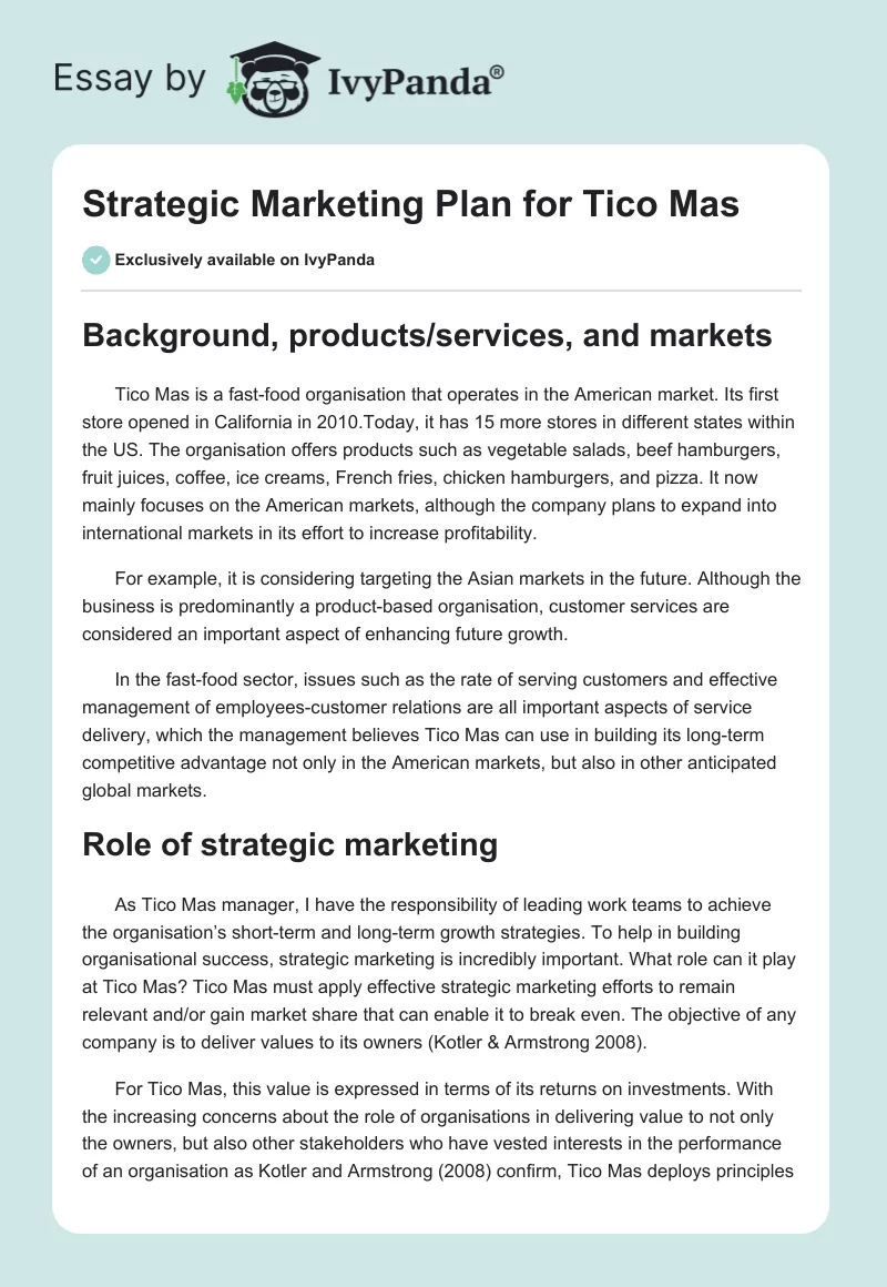 Strategic Marketing Plan for Tico Mas. Page 1