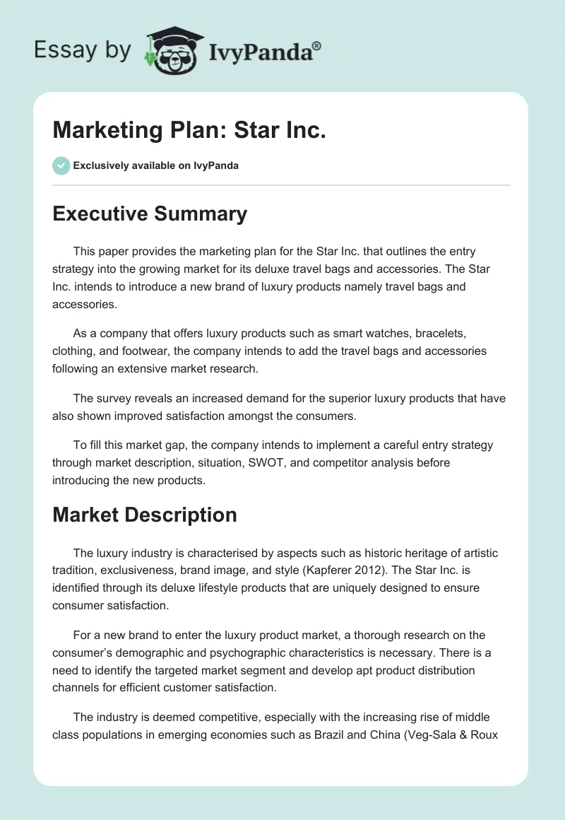 Marketing Plan: Star Inc.. Page 1