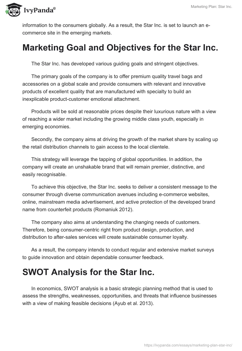 Marketing Plan: Star Inc.. Page 5