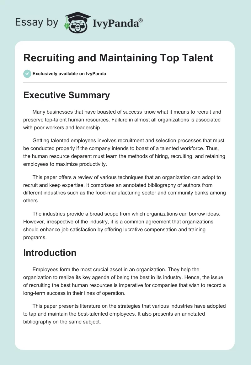 Recruiting and Maintaining Top Talent. Page 1