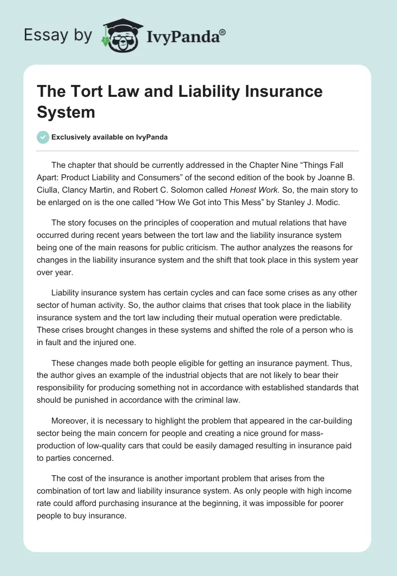 The Tort Law and Liability Insurance System. Page 1