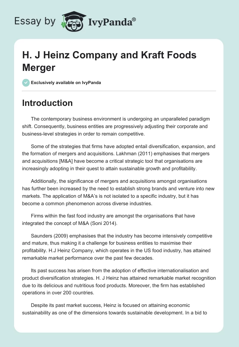 H. J Heinz Company and Kraft Foods Merger. Page 1