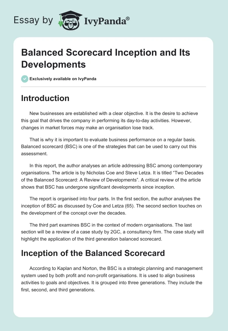 Balanced Scorecard Inception and Its Developments. Page 1