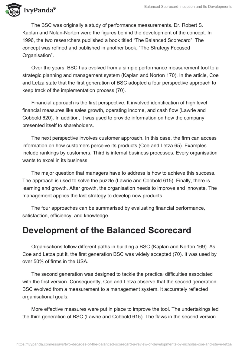Balanced Scorecard Inception and Its Developments. Page 2
