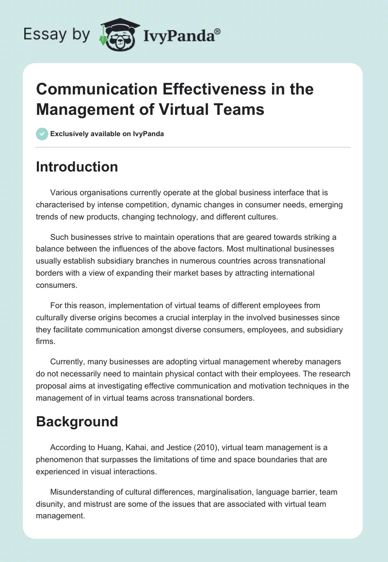 Communication Effectiveness in the Management of Virtual Teams. Page 1