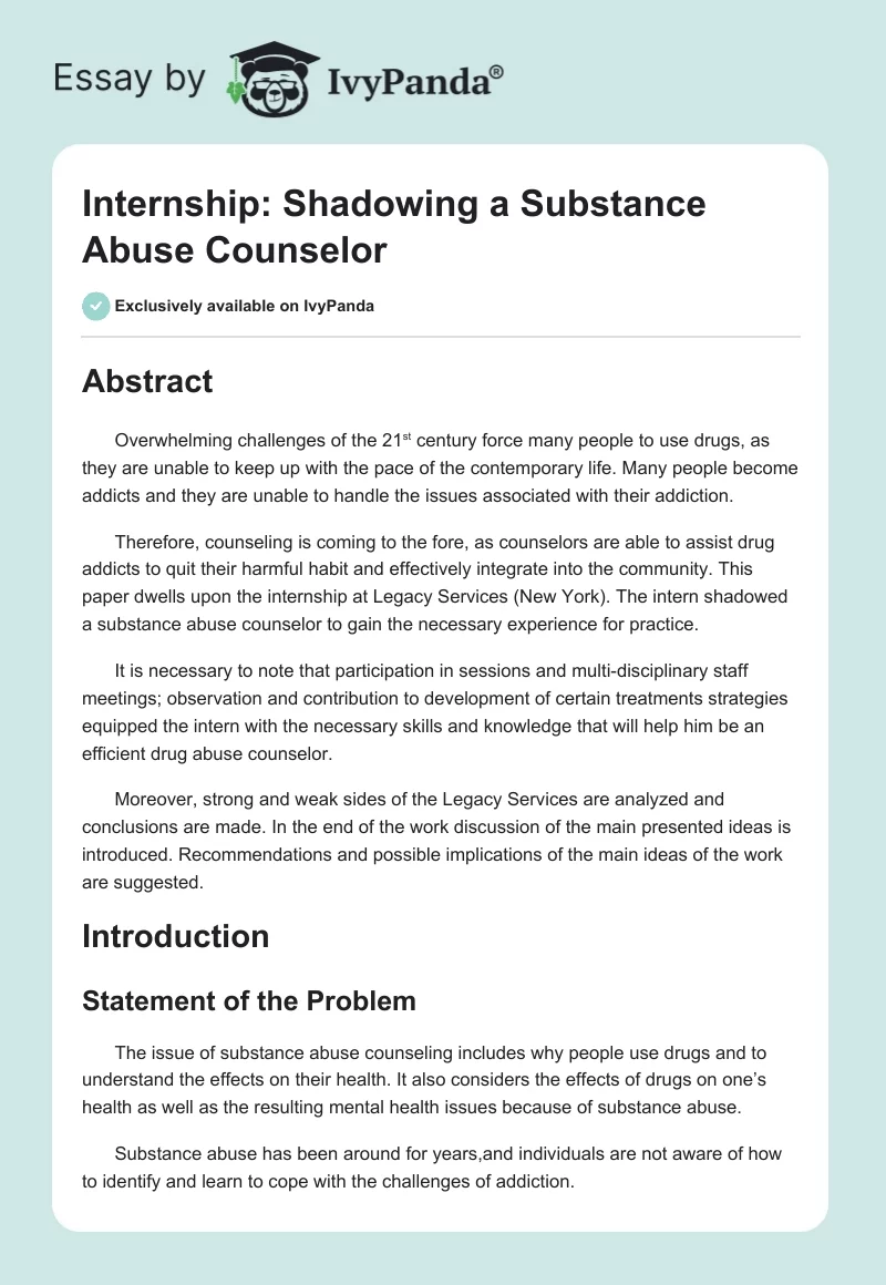 Internship: Shadowing a Substance Abuse Counselor. Page 1