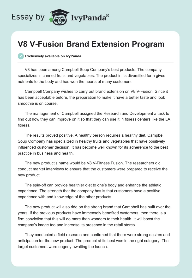 V8 V-Fusion Brand Extension Program. Page 1