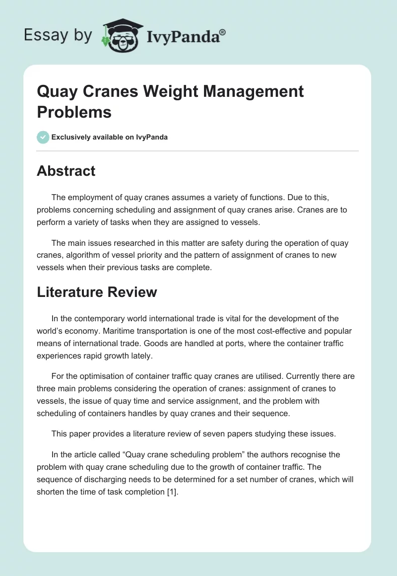 Quay Cranes Weight Management Problems. Page 1