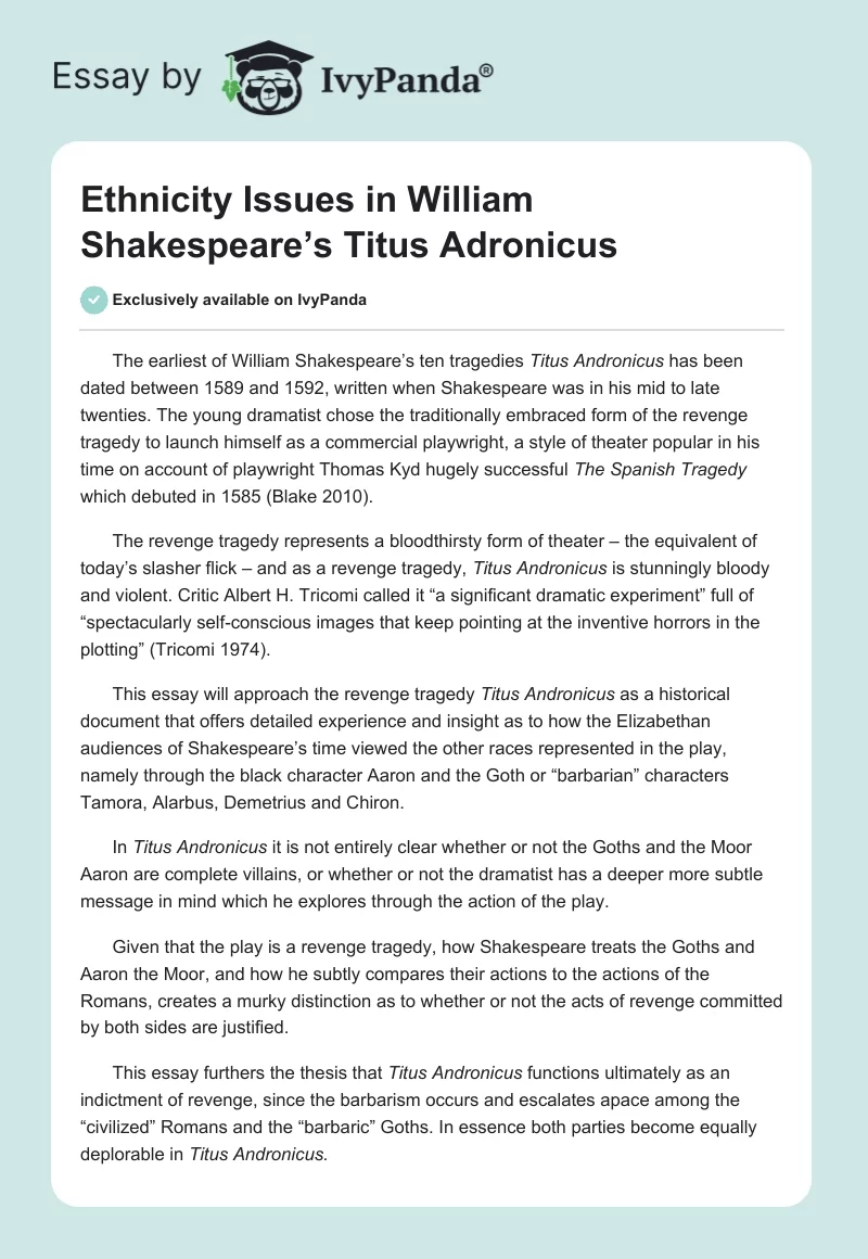 Ethnicity Issues in William Shakespeare’s Titus Adronicus. Page 1
