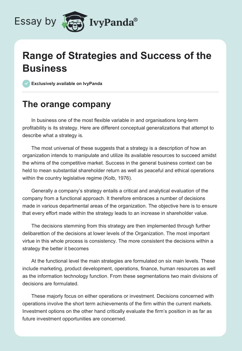 Range of Strategies and Success of the Business. Page 1