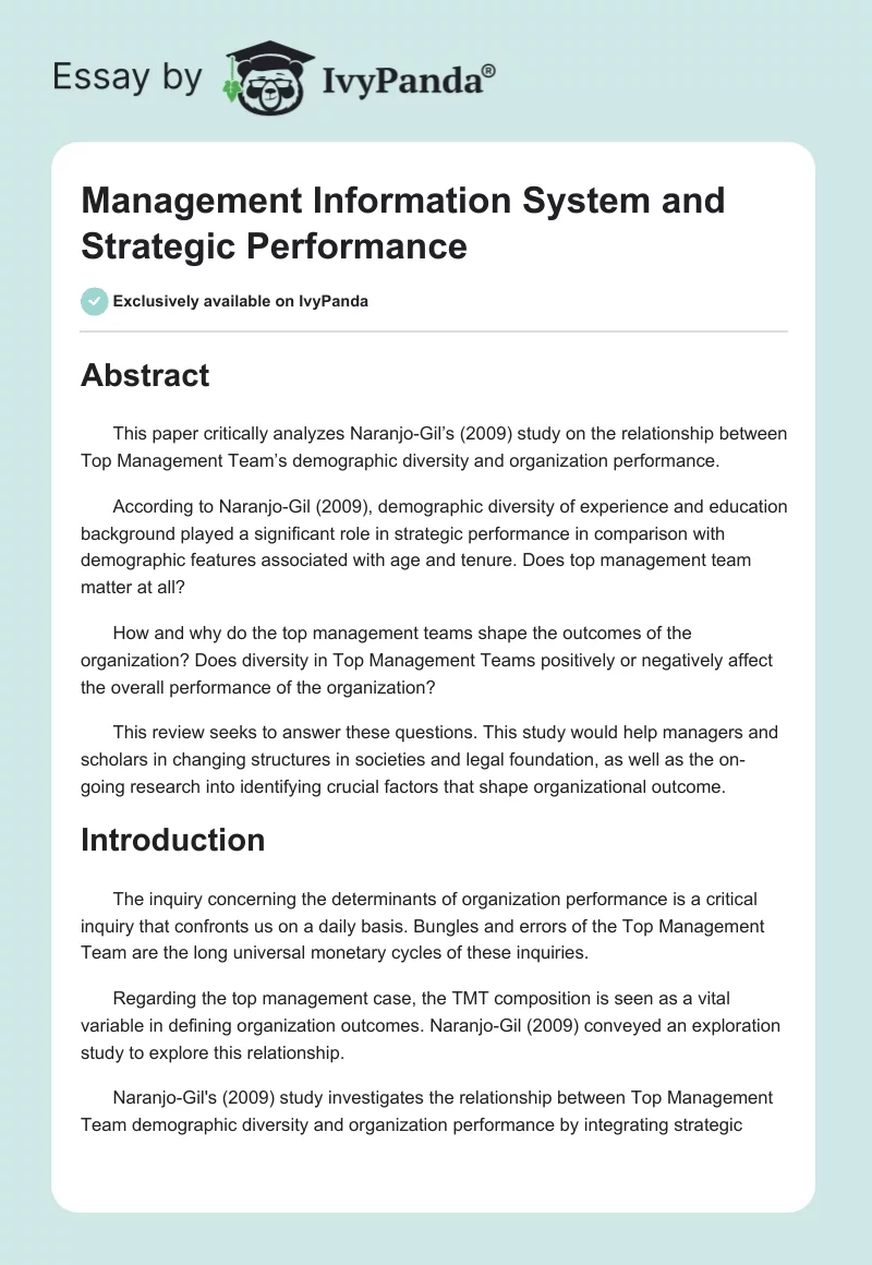 Management Information System and Strategic Performance. Page 1