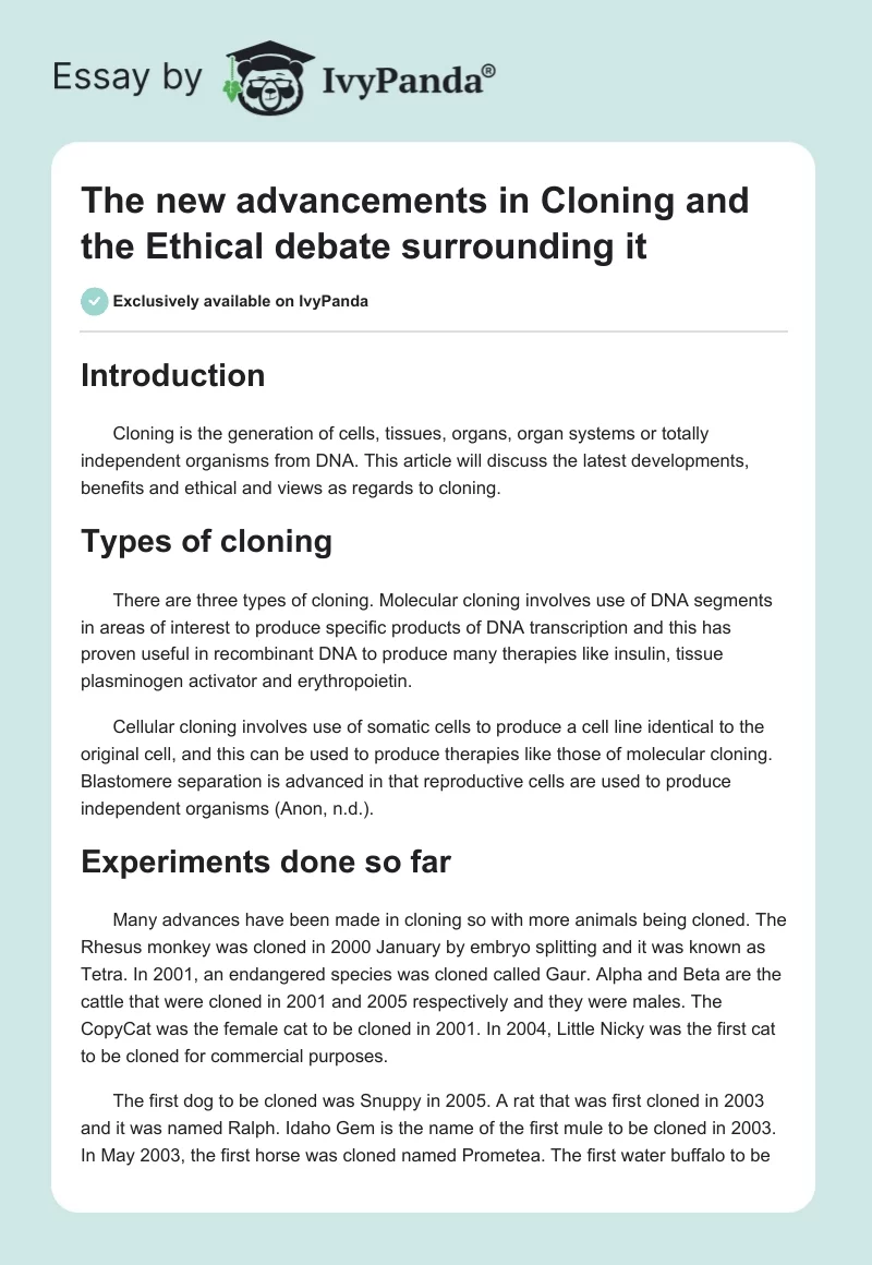 The New Advancements in Cloning and the Ethical Debate Surrounding It. Page 1
