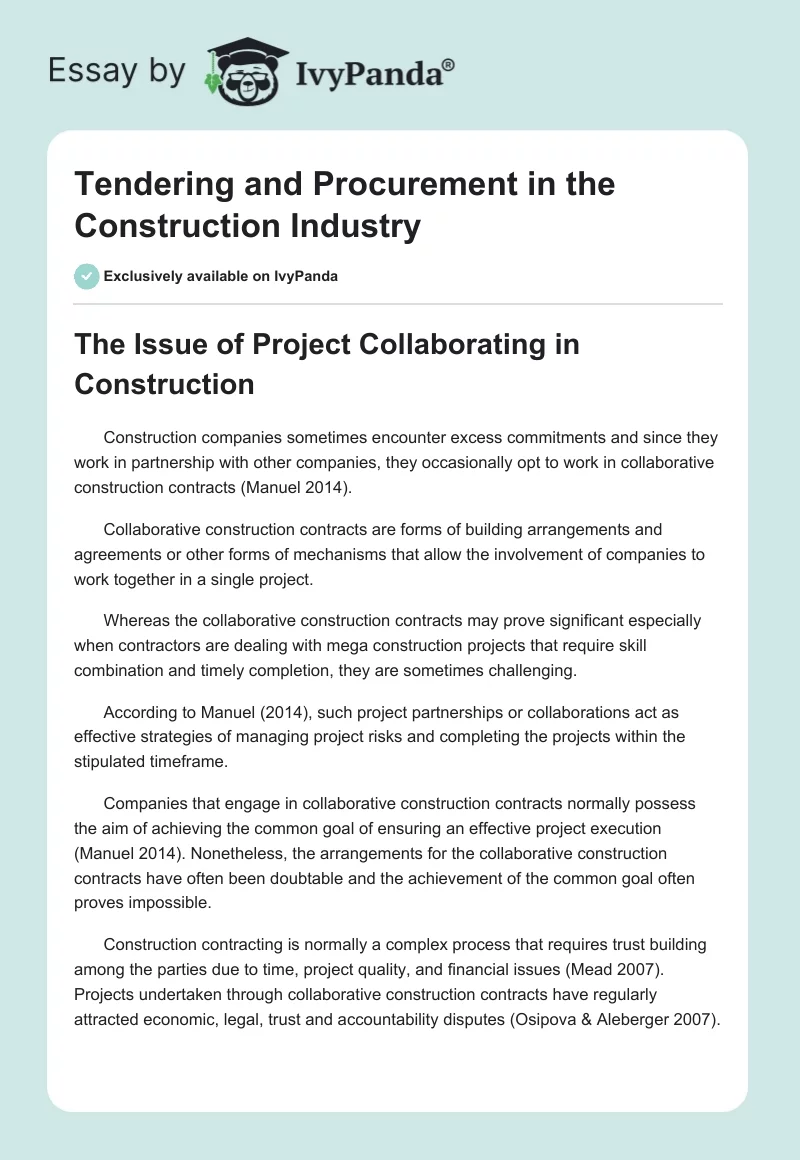 Tendering and Procurement in the Construction Industry. Page 1