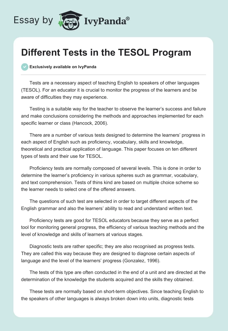 Different Tests in the TESOL Program. Page 1