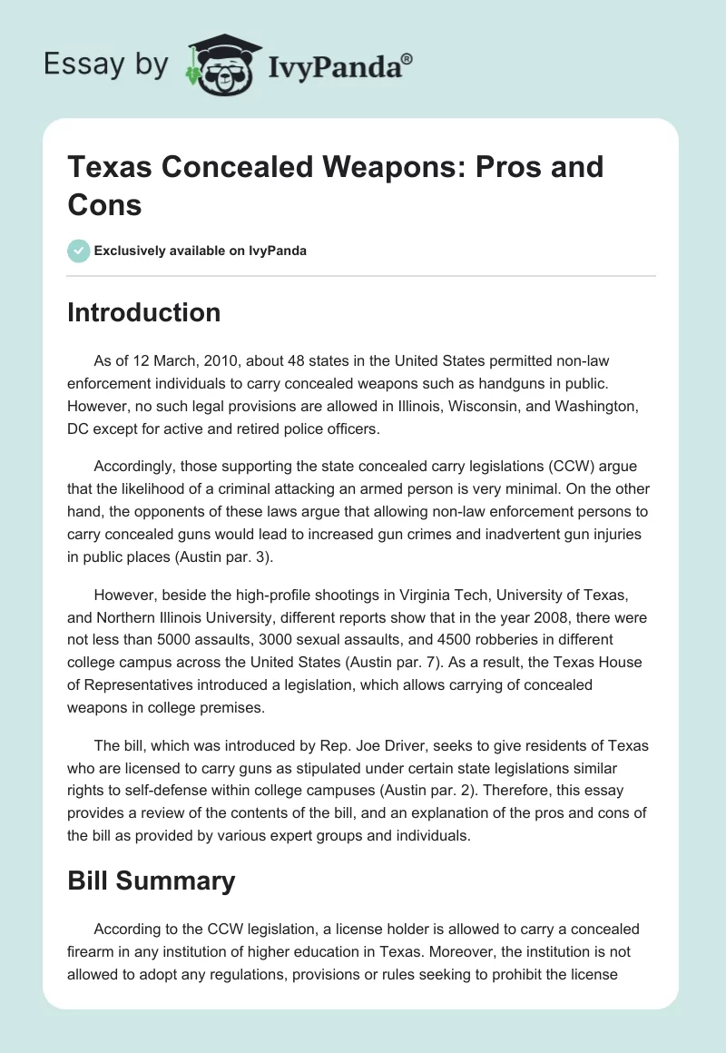 Texas Concealed Weapons: Pros and Cons. Page 1