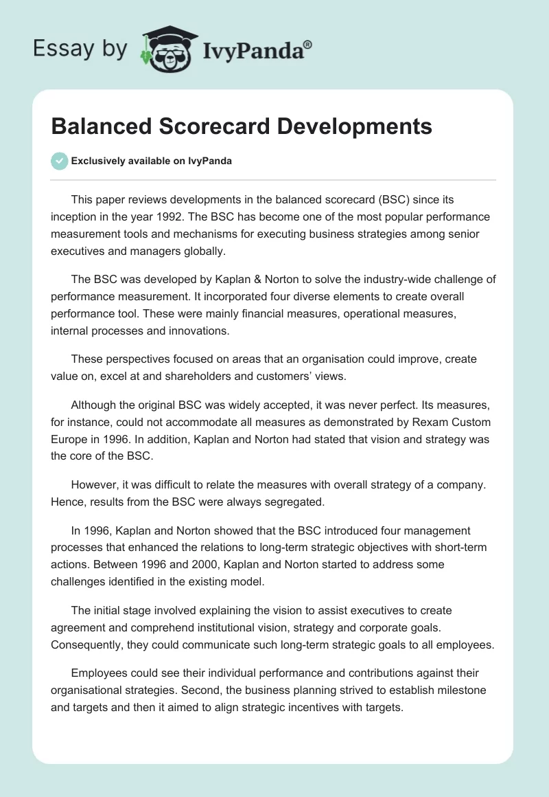 Balanced Scorecard Developments. Page 1