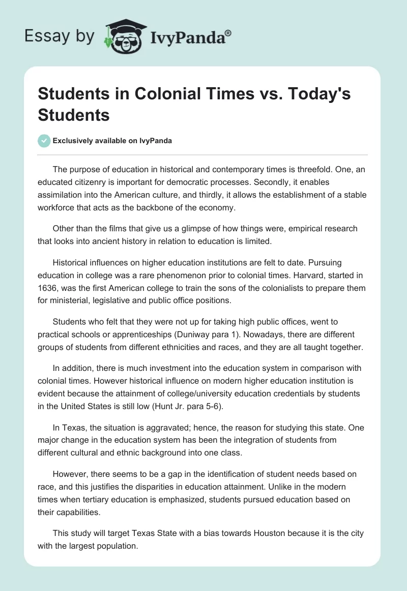 Students in Colonial Times vs. Today's Students. Page 1