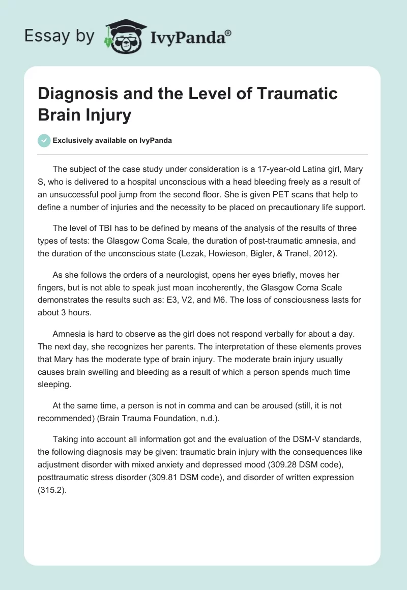 Diagnosis and the Level of Traumatic Brain Injury. Page 1