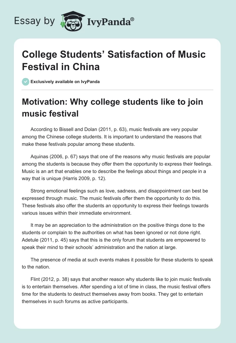 College Students’ Satisfaction of Music Festival in China. Page 1