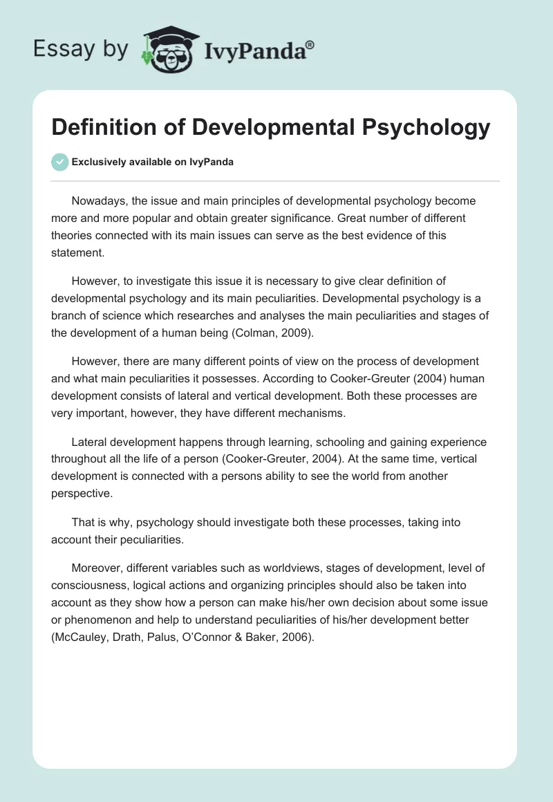 Definition of Developmental Psychology. Page 1