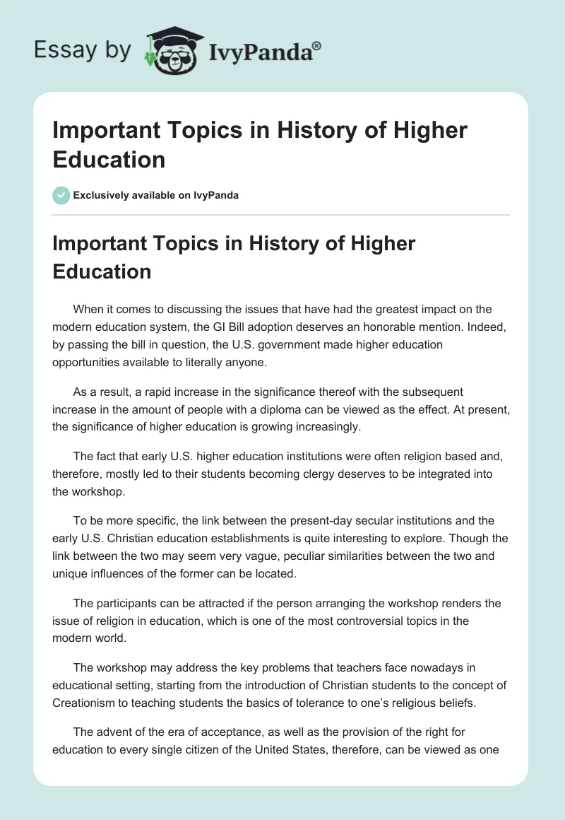 Important Topics in History of Higher Education. Page 1
