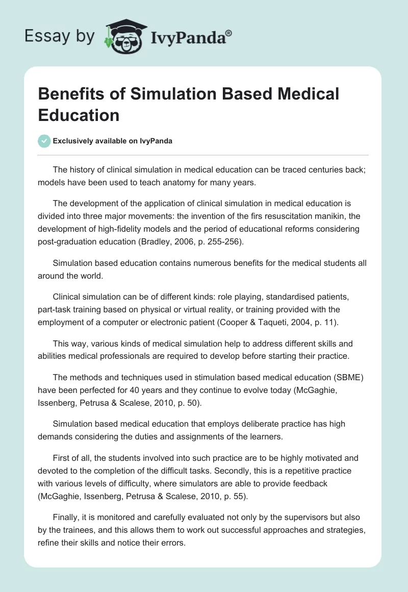 Benefits of Simulation Based Medical Education. Page 1