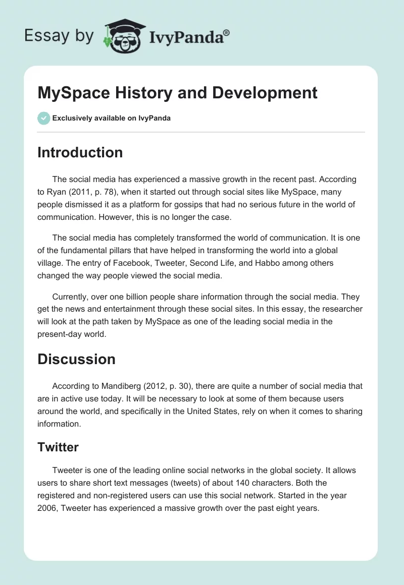 MySpace History and Development. Page 1
