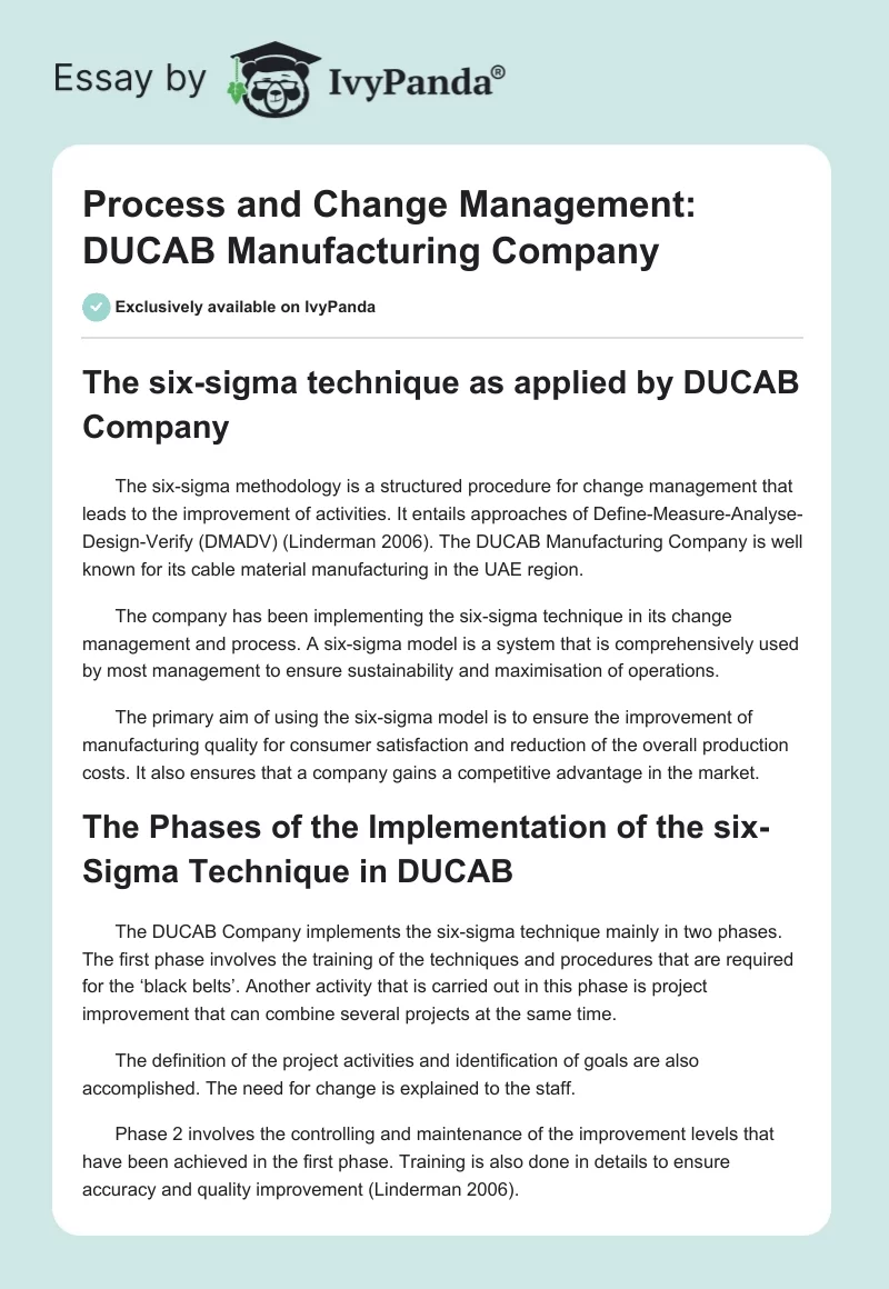 Process and Change Management: DUCAB Manufacturing Company. Page 1