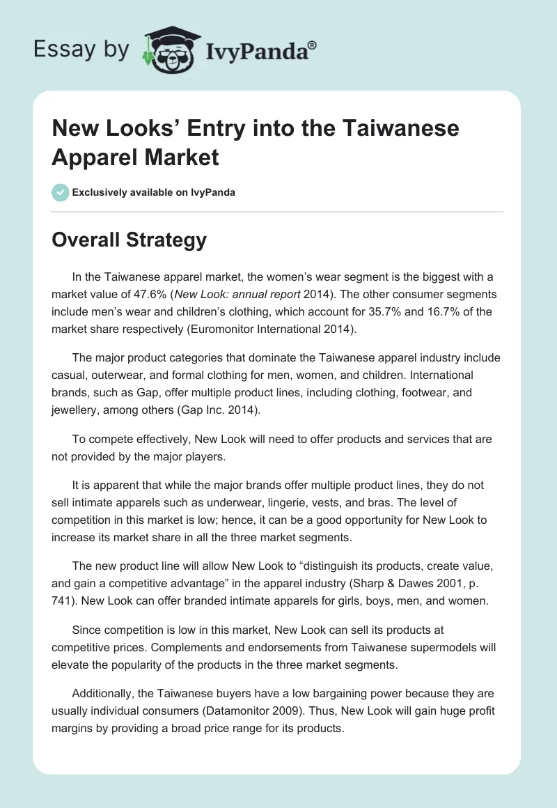 New Looks’ Entry into the Taiwanese Apparel Market. Page 1